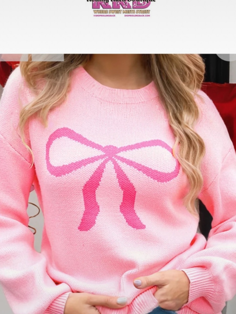 Women's Pink Bow Crewneck Sweater - Soft Knit